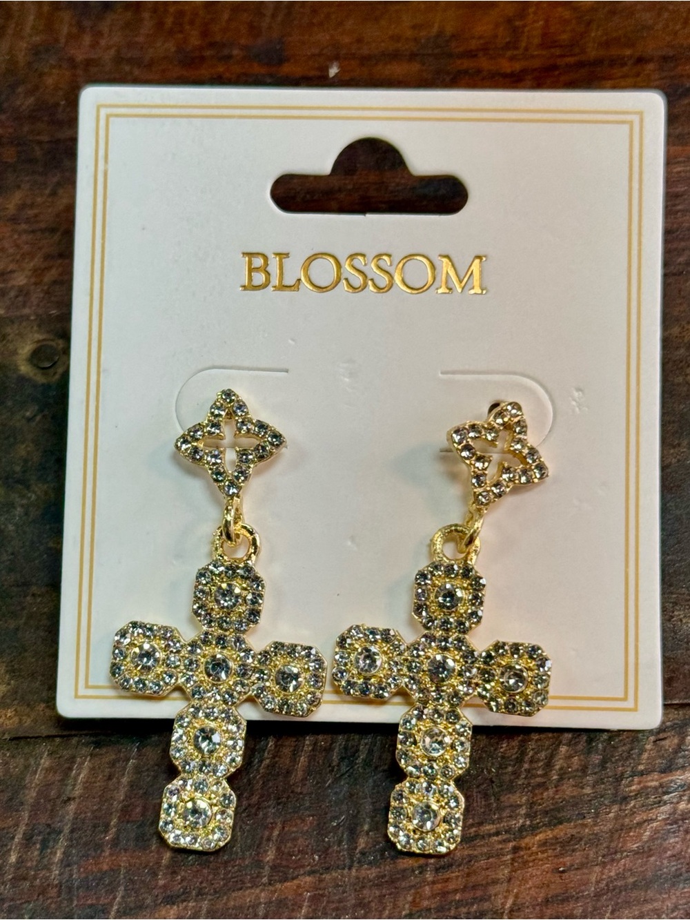 Blossom‎ Gold Crystal Cross Drop Earrings - Sparkling Gold Tone